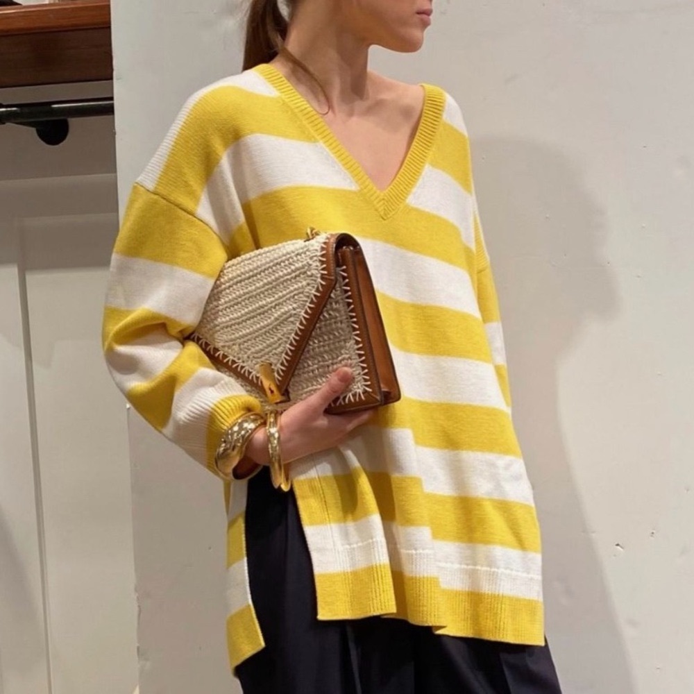 Polo by Ralph Lauren Yellow and White Oversized V-Neck Sweater